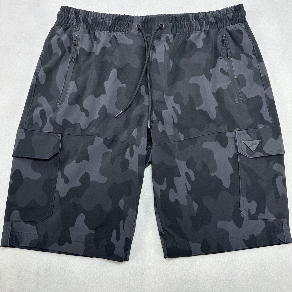 Benjamin Black Shorts Mens XL Gray Camo Cargo Stretch Zip Pocket Athletic Beach